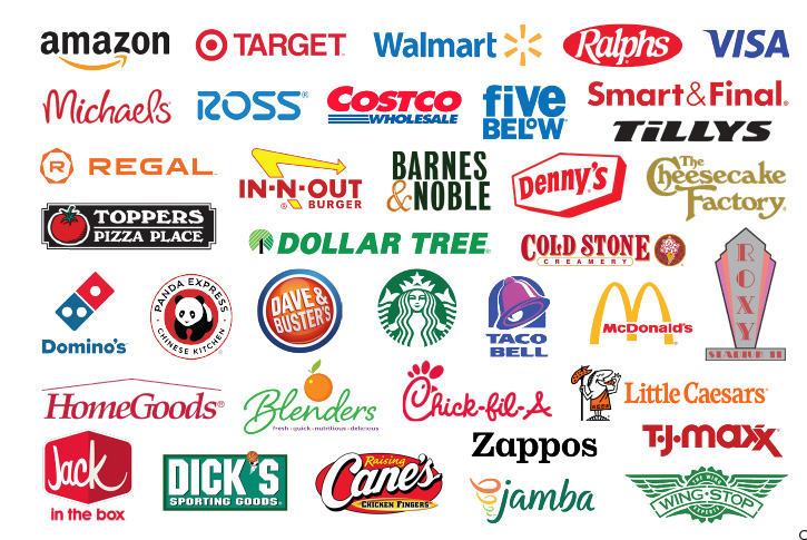most requested gift cards among our youth: amazon, target, walmart, ralphs, visa, ross, costco, smart & final, Toppers Pizza, Dollar Tree, cold stone, starbucks, dominos, panda